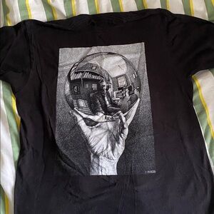 Vintage MC Escher  T-Shirt with Surreal Hand and Sphere Design